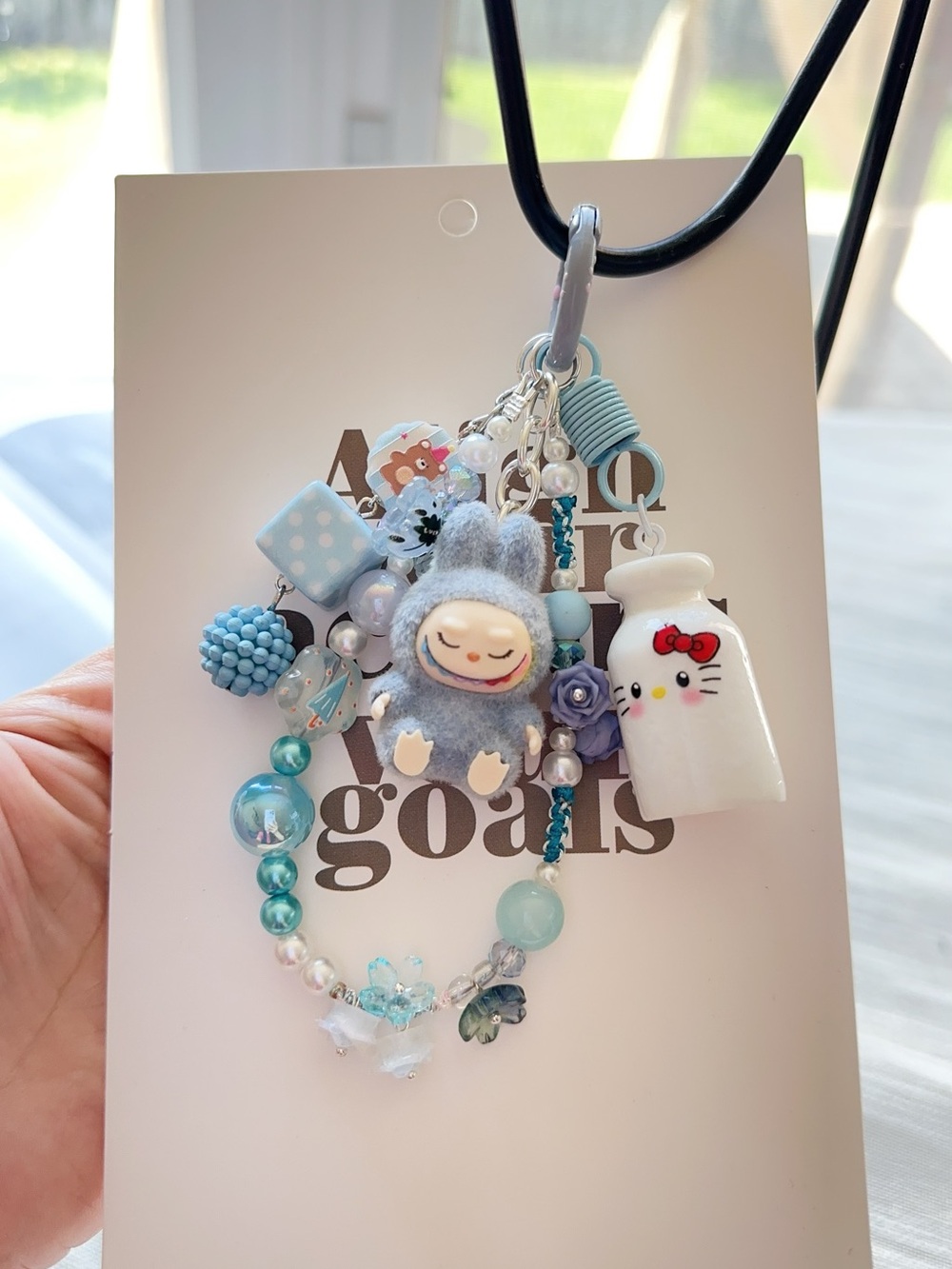 Cute Blue Hello Kitty Milk Bottle & La bubu Charm Keychain